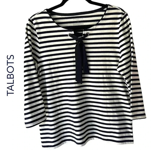 LOFT | NWOT | BLUE & WHITE STRIPE SAILOR TOP TIE NECK | SIZE: LARGE | PETITE - Picture 1 of 7